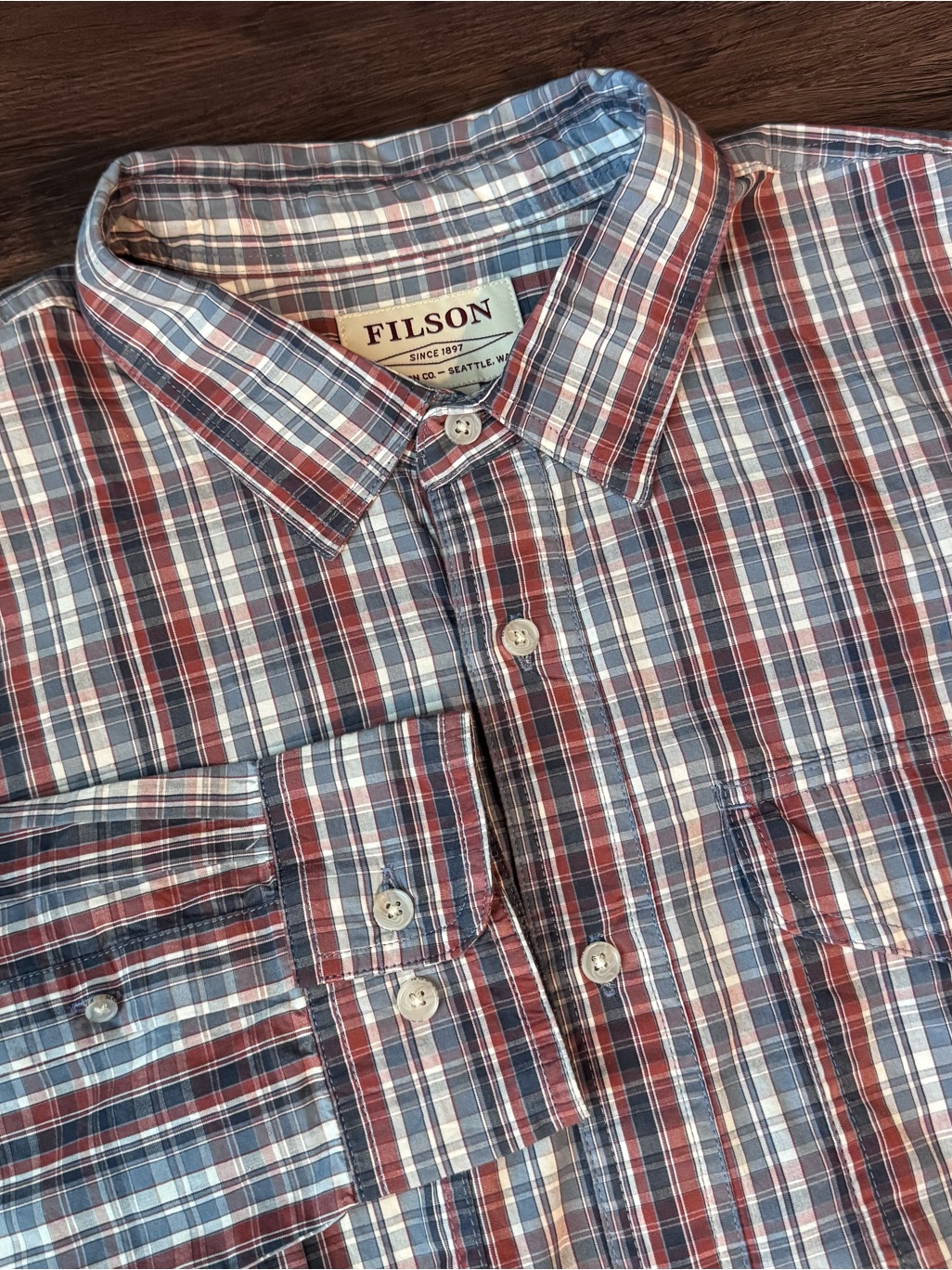 Filson Men’s Shirt Washed Feather Cloth Long Sleeve Button Large Plaid Cotton